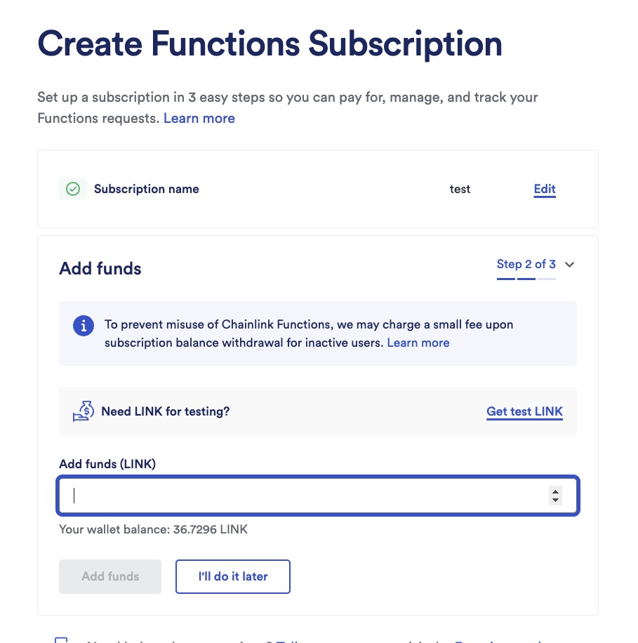 Chainlink Functions subscription add funds